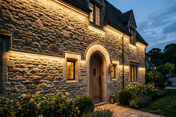 Warm white linear light enhancing the texture of a stone facade